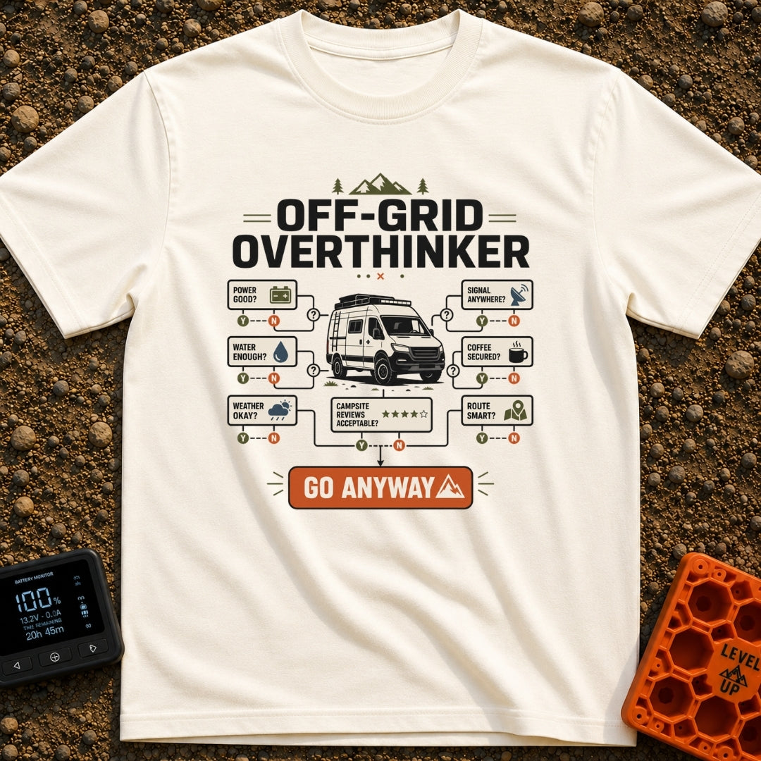Overthink And Out - T-Shirt in Ivory - A flowchart graphic titled "OFF-GRID OVERTHINKER" centered around an illustration...