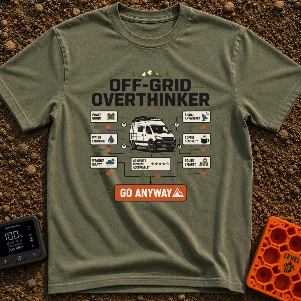 Overthink And Out - T-Shirt in Moss - A flowchart graphic titled "OFF-GRID OVERTHINKER" centered around an illustration...