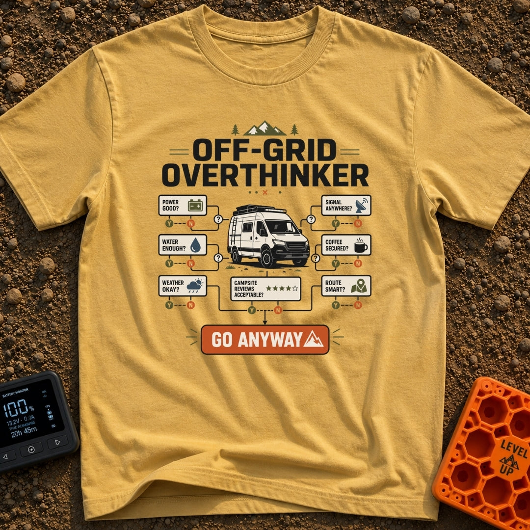 Overthink And Out - T-Shirt in Mustard - A flowchart graphic titled "OFF-GRID OVERTHINKER" centered around an...