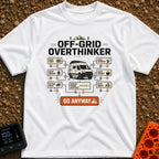 Overthink And Out - T-Shirt in White - A flowchart graphic titled "OFF-GRID OVERTHINKER" centered around an illustration...