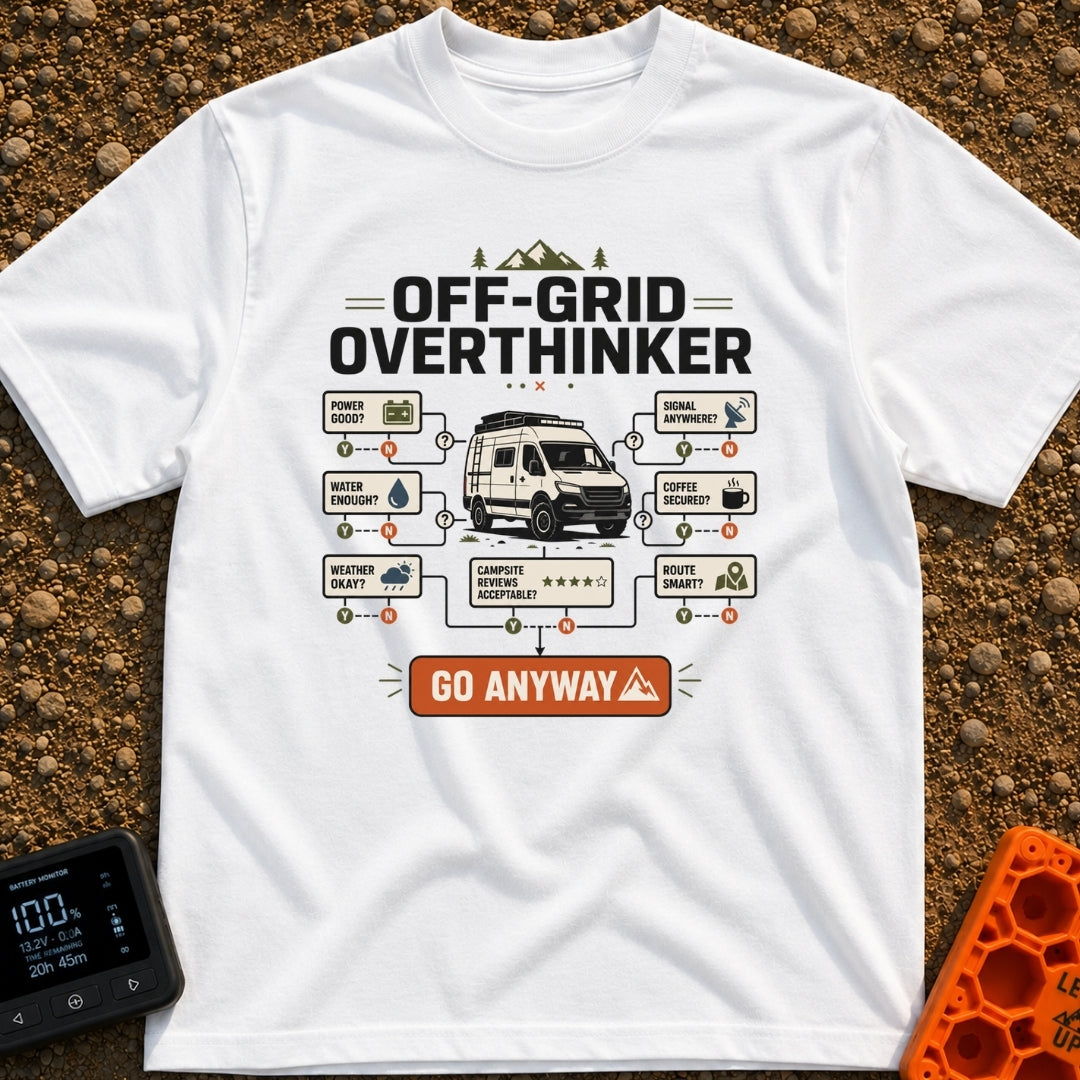 Overthink And Out - T-Shirt in White - A flowchart graphic titled "OFF-GRID OVERTHINKER" centered around an illustration...