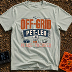 Paws Off The Grid - T-Shirt in Bay - Typographic design featuring the words "OFF-GRID", "PET-LED", and "PEACE-FOCUSED"...