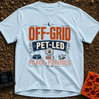 Paws Off The Grid - T-Shirt in Chambray - Typographic design featuring the words "OFF-GRID", "PET-LED", and...