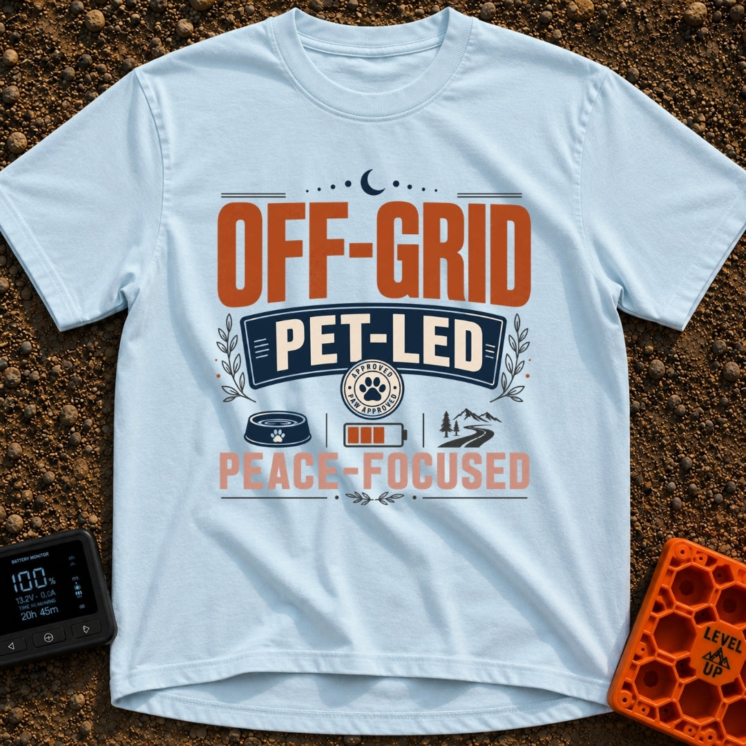 Paws Off The Grid - T-Shirt in Chambray - Typographic design featuring the words "OFF-GRID", "PET-LED", and...