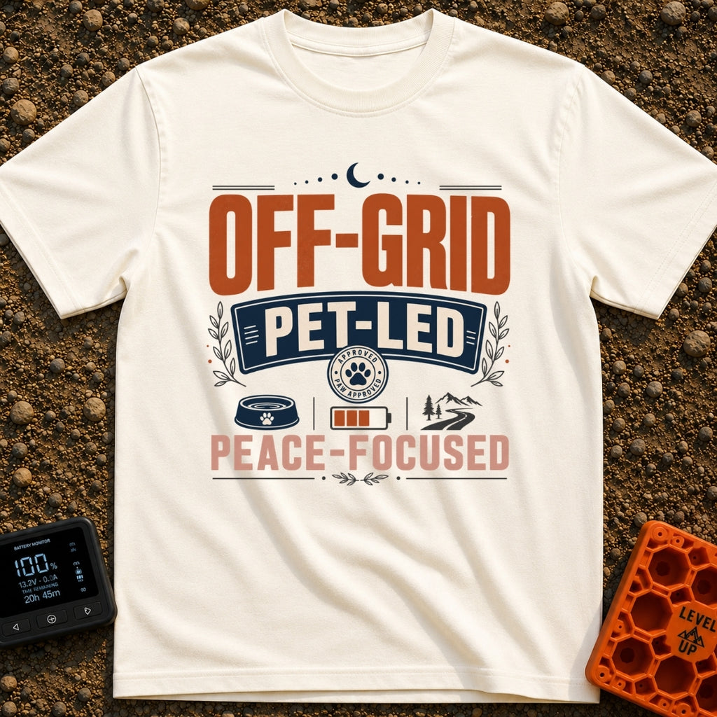 Paws Off The Grid - T-Shirt in Ivory - Typographic design featuring the words "OFF-GRID", "PET-LED", and "PEACE-FOCUSED"...