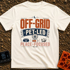 Paws Off The Grid - T-Shirt in Ivory - Typographic design featuring the words "OFF-GRID", "PET-LED", and "PEACE-FOCUSED"...