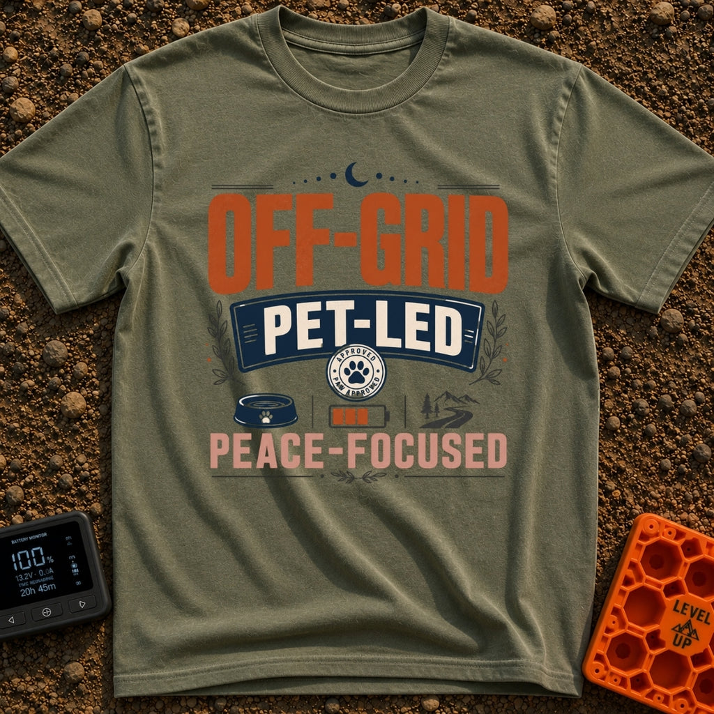 Paws Off The Grid - T-Shirt in Moss - Typographic design featuring the words "OFF-GRID", "PET-LED", and "PEACE-FOCUSED"...