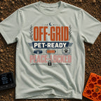 Peaceful Paw Nomad - T-Shirt in Bay - A typographic design reading "OFF-GRID", "PET-READY", and "PEACE-LOCKED" arranged...