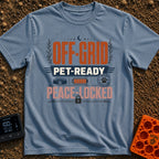 Peaceful Paw Nomad - T-Shirt in Blue Jean - A typographic design reading "OFF-GRID", "PET-READY", and "PEACE-LOCKED"...