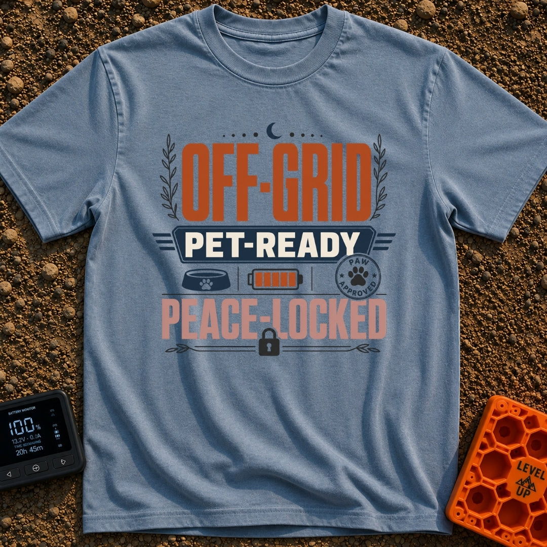Peaceful Paw Nomad - T-Shirt in Blue Jean - A typographic design reading "OFF-GRID", "PET-READY", and "PEACE-LOCKED"...