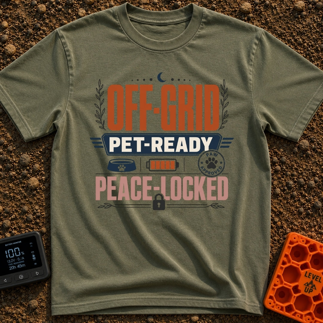 Peaceful Paw Nomad - T-Shirt in Moss - A typographic design reading "OFF-GRID", "PET-READY", and "PEACE-LOCKED" arranged...