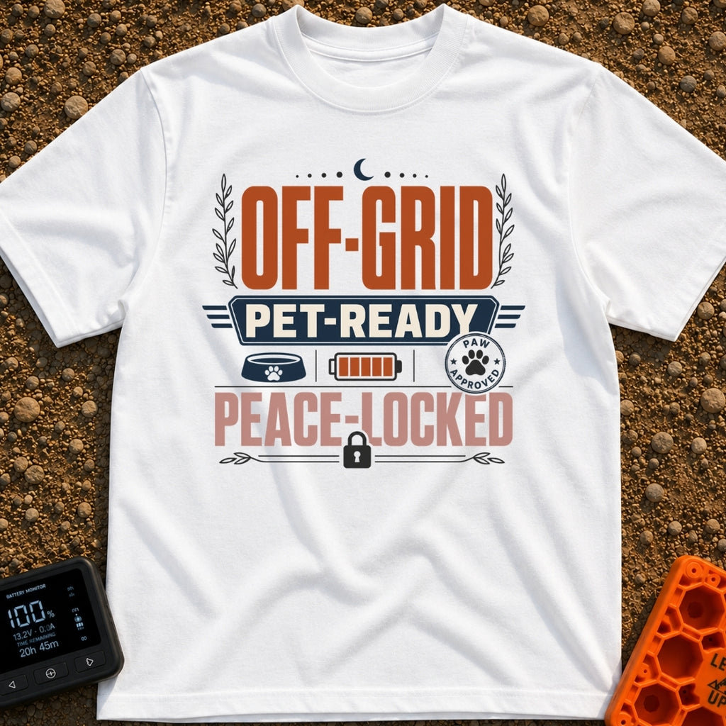 Peaceful Paw Nomad - T-Shirt in White - A typographic design reading "OFF-GRID", "PET-READY", and "PEACE-LOCKED" arranged...