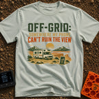 Off Grid Who Dis - T-Shirt in Bay - A graphic illustration featuring the text 'OFF-GRID: SOMEWHERE MY PHONE CAN'T RUIN...