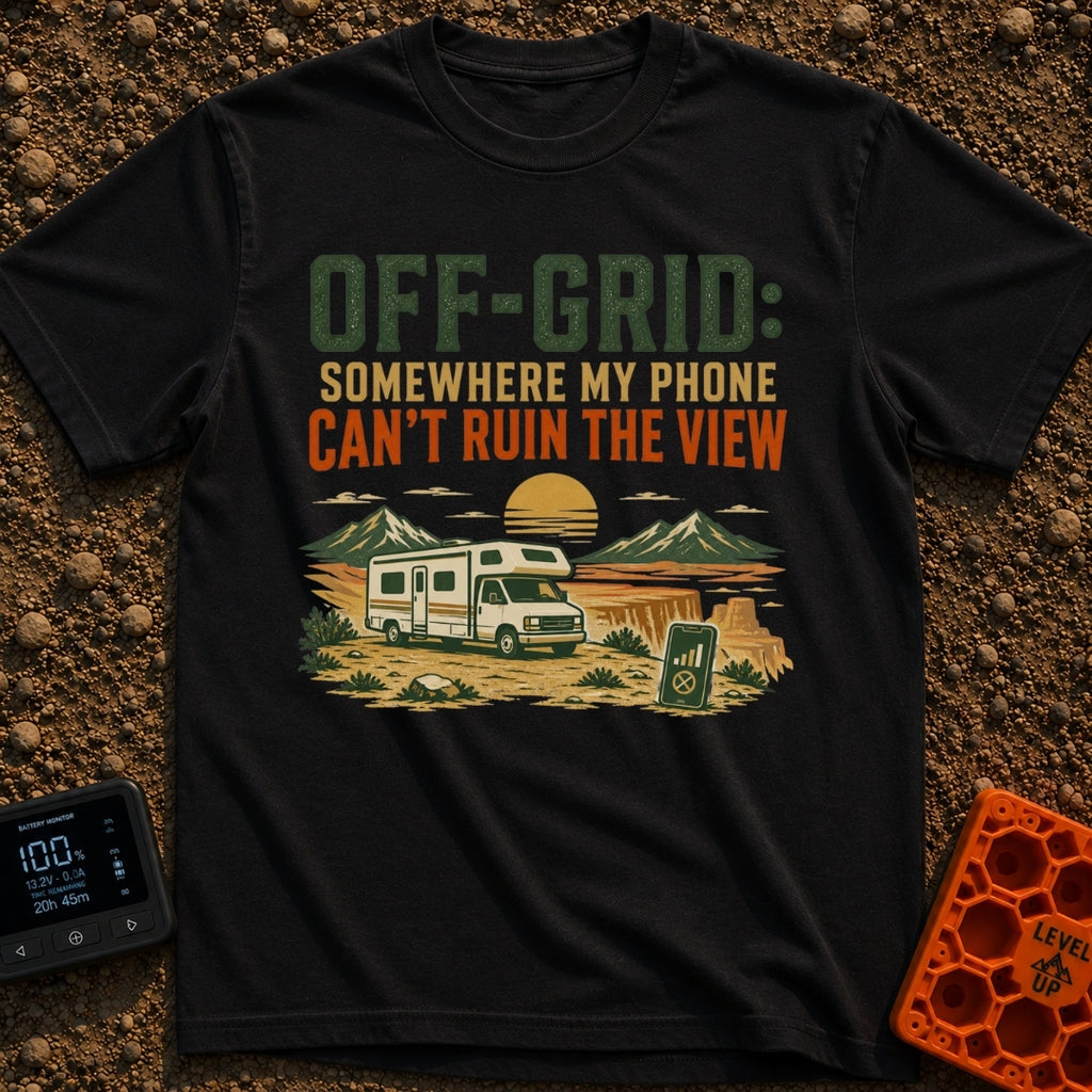 Off Grid Who Dis - T-Shirt in Black - A graphic illustration featuring the text 'OFF-GRID: SOMEWHERE MY PHONE CAN'T RUIN...