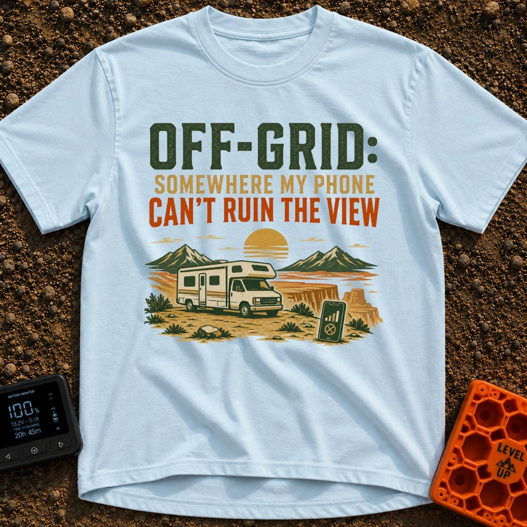 Off Grid Who Dis - T-Shirt in Chambray - A graphic illustration featuring the text 'OFF-GRID: SOMEWHERE MY PHONE CAN'T...