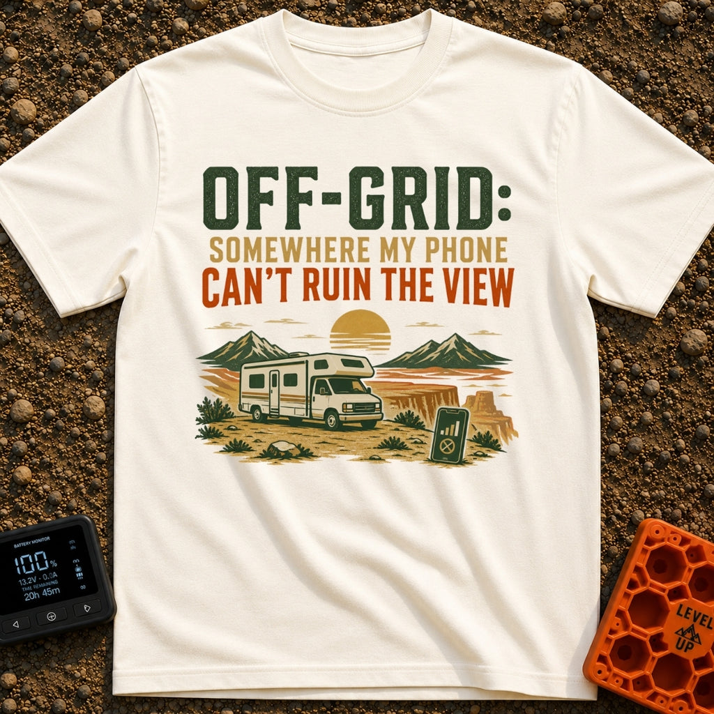 Off Grid Who Dis - T-Shirt in Ivory - A graphic illustration featuring the text 'OFF-GRID: SOMEWHERE MY PHONE CAN'T RUIN...