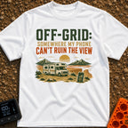 Off Grid Who Dis - T-Shirt in White - A graphic illustration featuring the text 'OFF-GRID: SOMEWHERE MY PHONE CAN'T RUIN...