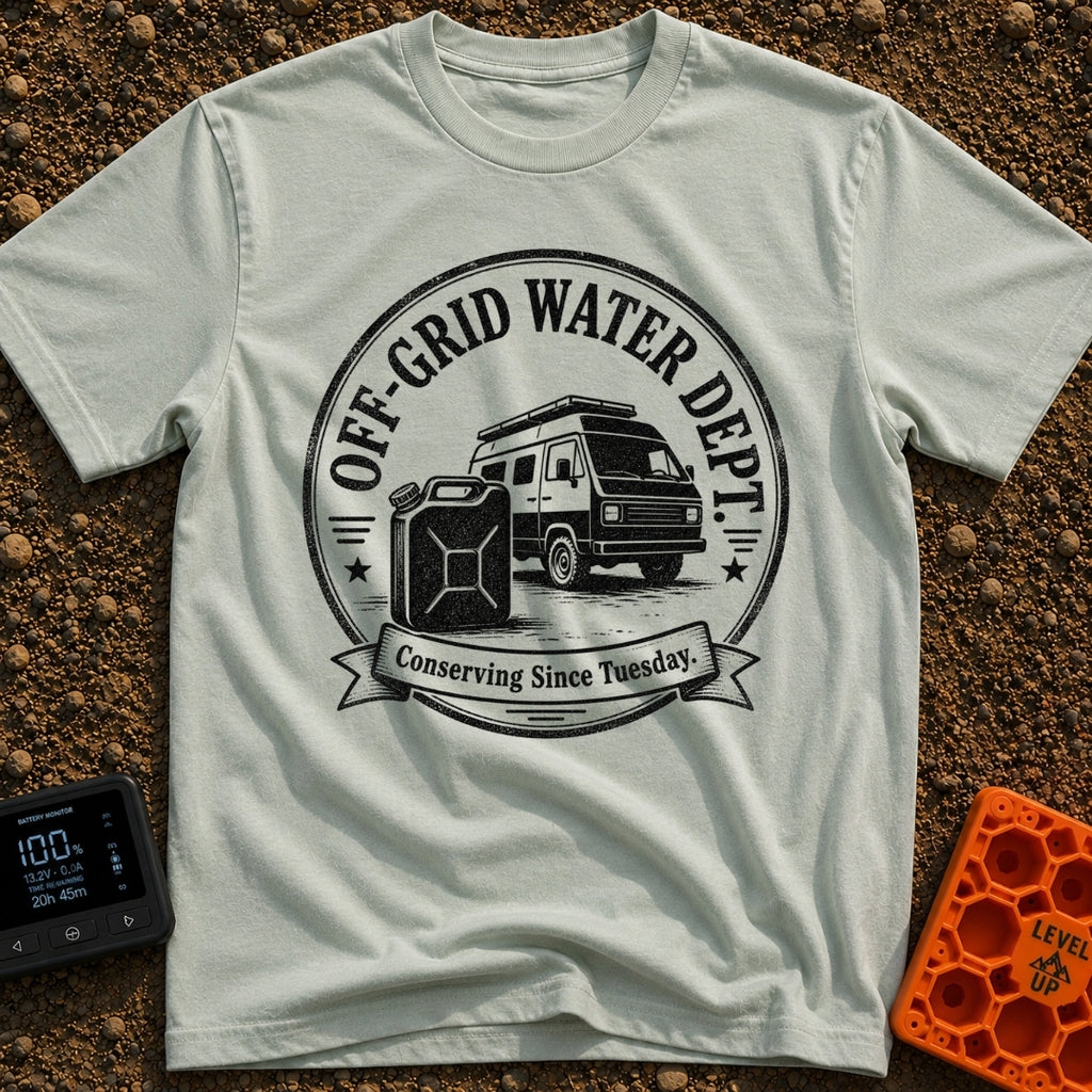 Free Range Water Dept - T-Shirt in Bay - A black-and-white circular badge design featuring a classic camper van with a...