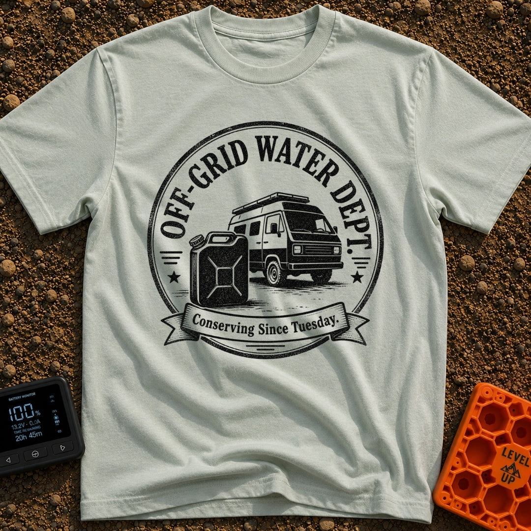 Free Range Water Dept - T-Shirt in Bay - A black-and-white circular badge design featuring a classic camper van with a...