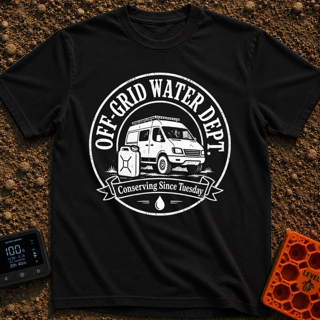 Free Range Water Dept - T-Shirt in Black - A black-and-white circular badge design featuring a classic camper van with a...