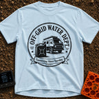 Free Range Water Dept - T-Shirt in Chambray - A black-and-white circular badge design featuring a classic camper van with...