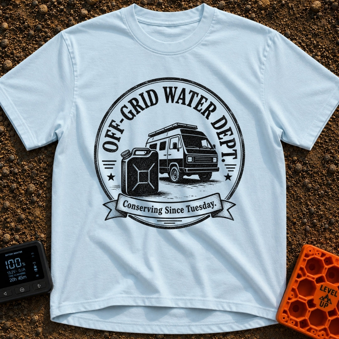 Free Range Water Dept - T-Shirt in Chambray - A black-and-white circular badge design featuring a classic camper van with...