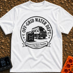 Free Range Water Dept - T-Shirt in White - A black-and-white circular badge design featuring a classic camper van with a...