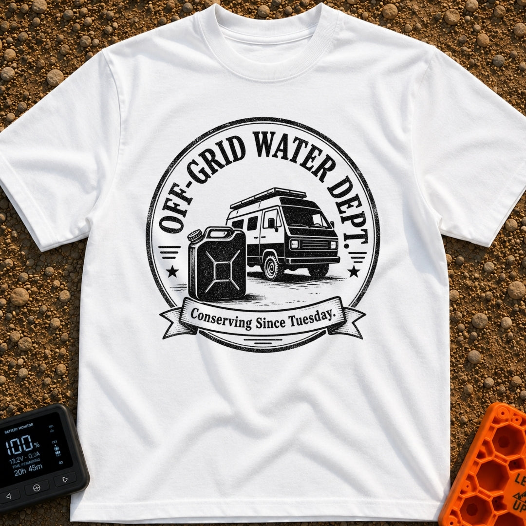 Free Range Water Dept - T-Shirt in White - A black-and-white circular badge design featuring a classic camper van with a...