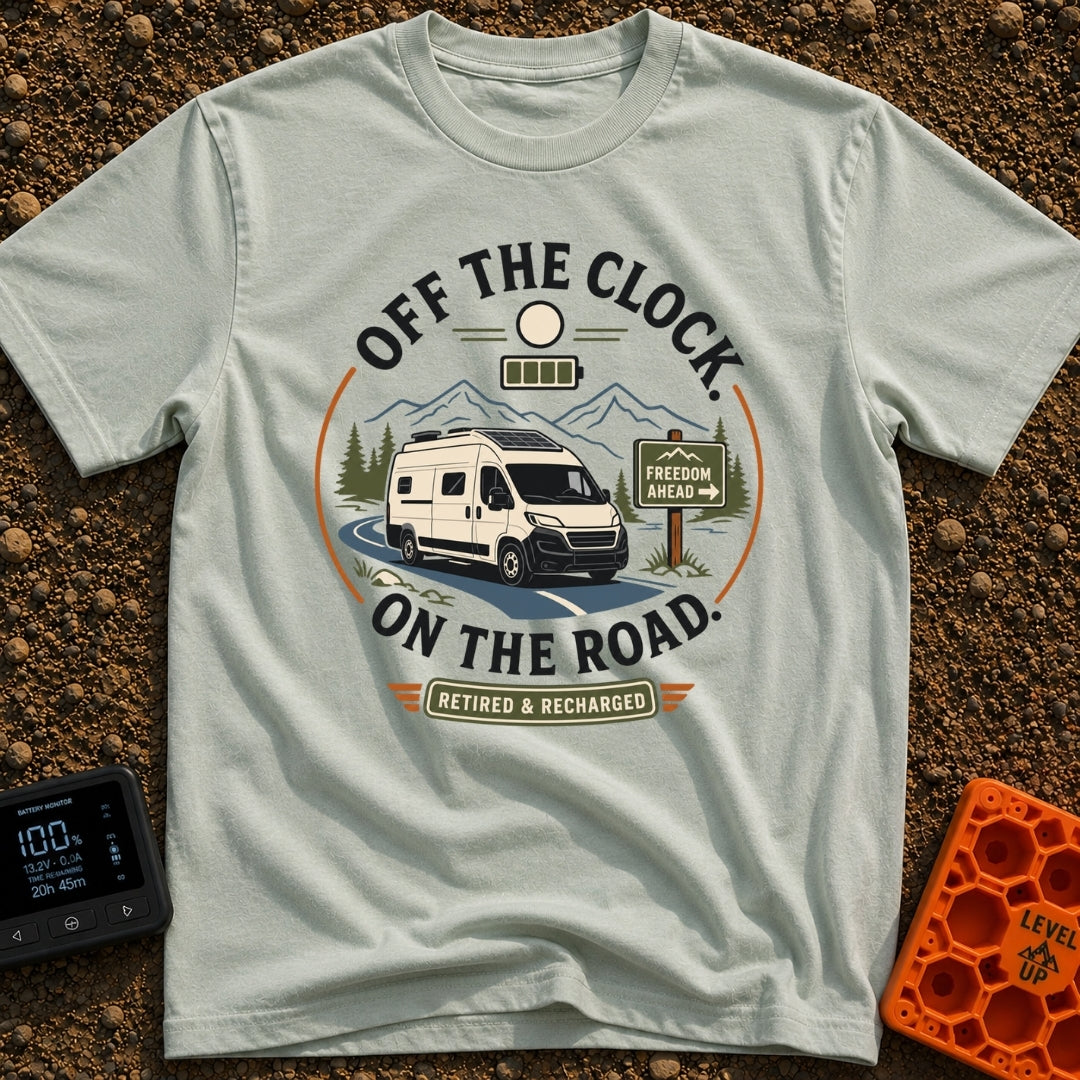 Off The Clock - T-Shirt in Bay - A circular graphic featuring a white camper van with solar panels driving along a...
