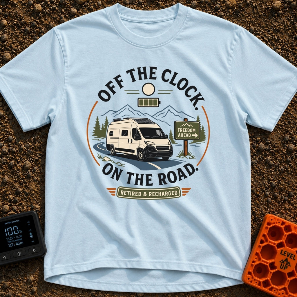Off The Clock - T-Shirt in Chambray - A circular graphic featuring a white camper van with solar panels driving along a...