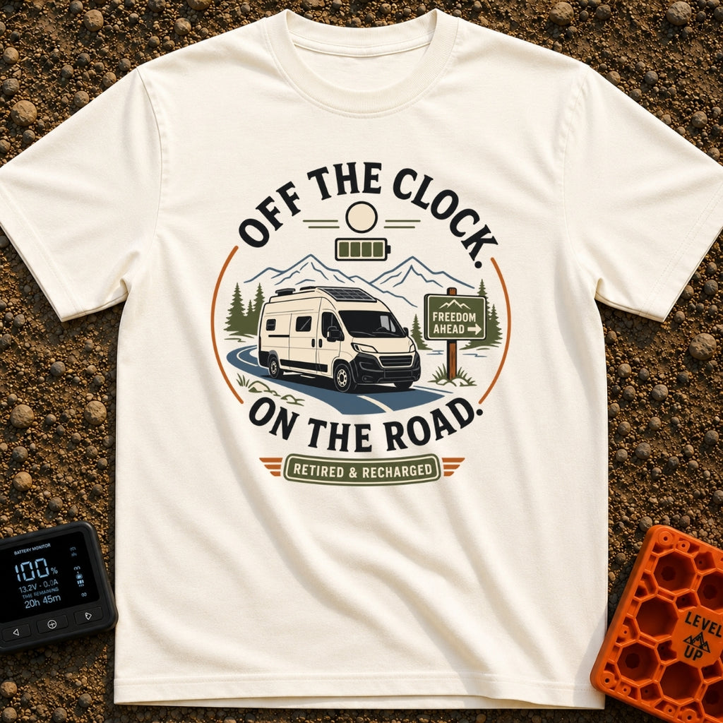 Off The Clock - T-Shirt in Ivory - A circular graphic featuring a white camper van with solar panels driving along a...