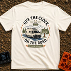 Off The Clock - T-Shirt in Ivory - A circular graphic featuring a white camper van with solar panels driving along a...
