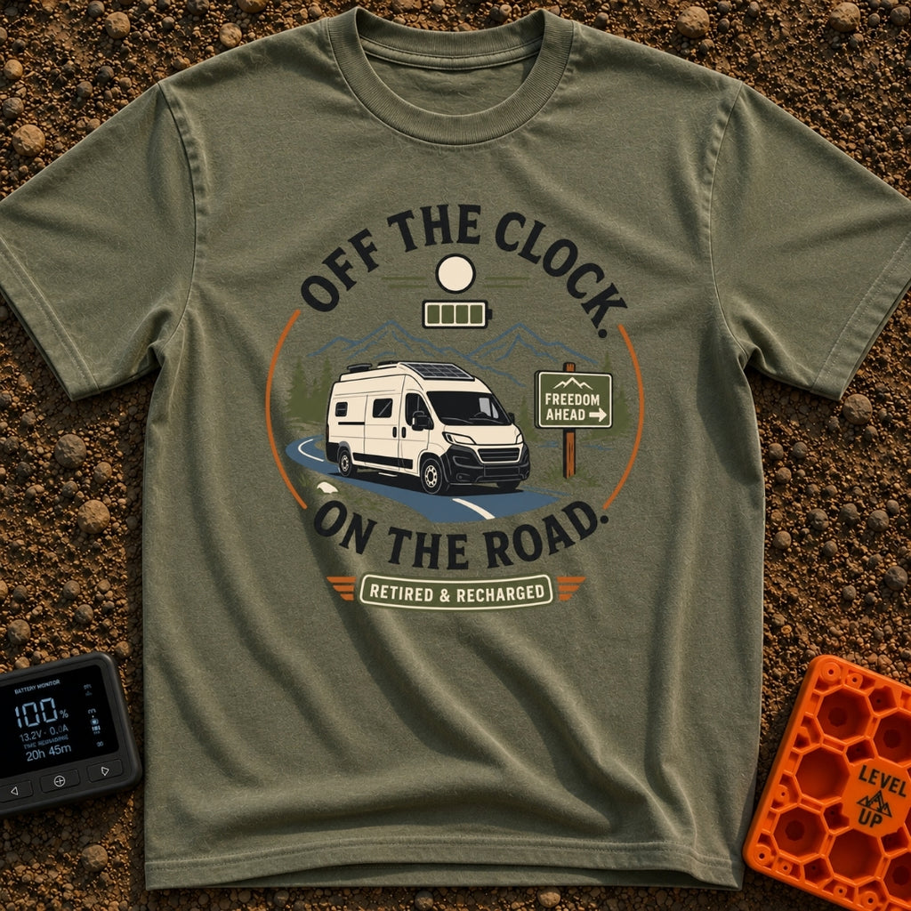 Off The Clock - T-Shirt in Moss - A circular graphic featuring a white camper van with solar panels driving along a...