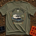 Off The Clock - T-Shirt in Moss - A circular graphic featuring a white camper van with solar panels driving along a...