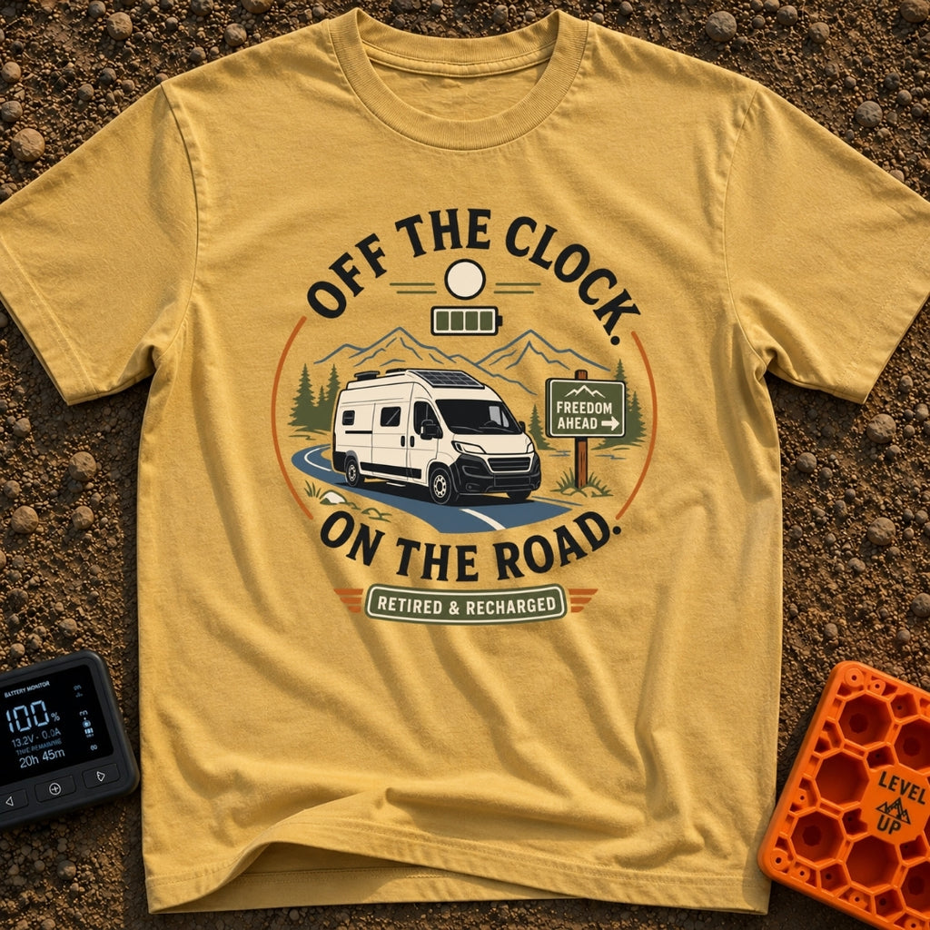 Off The Clock - T-Shirt in Mustard - A circular graphic featuring a white camper van with solar panels driving along a...