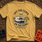 Off The Clock - T-Shirt in Mustard - A circular graphic featuring a white camper van with solar panels driving along a...