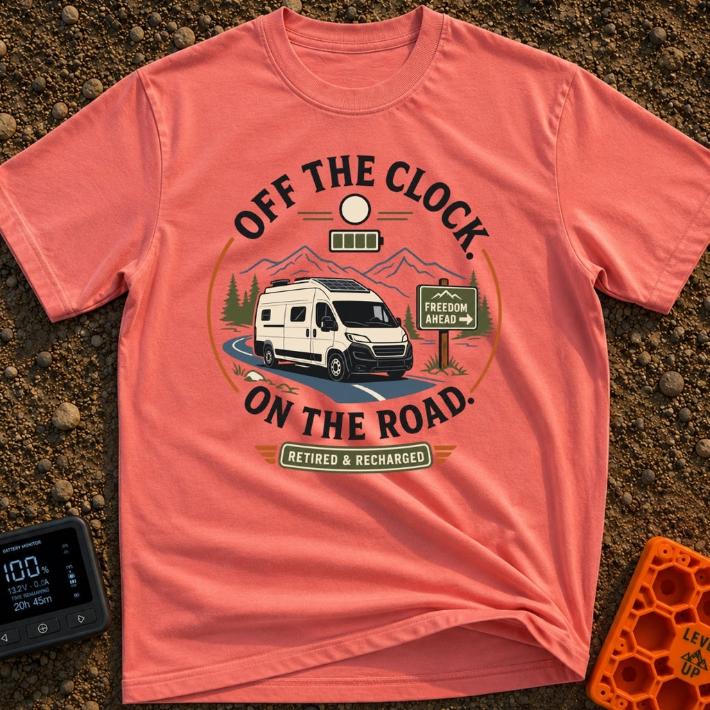 Off The Clock - T-Shirt in Watermelon - A circular graphic featuring a white camper van with solar panels driving along a...