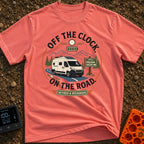 Off The Clock - T-Shirt in Watermelon - A circular graphic featuring a white camper van with solar panels driving along a...