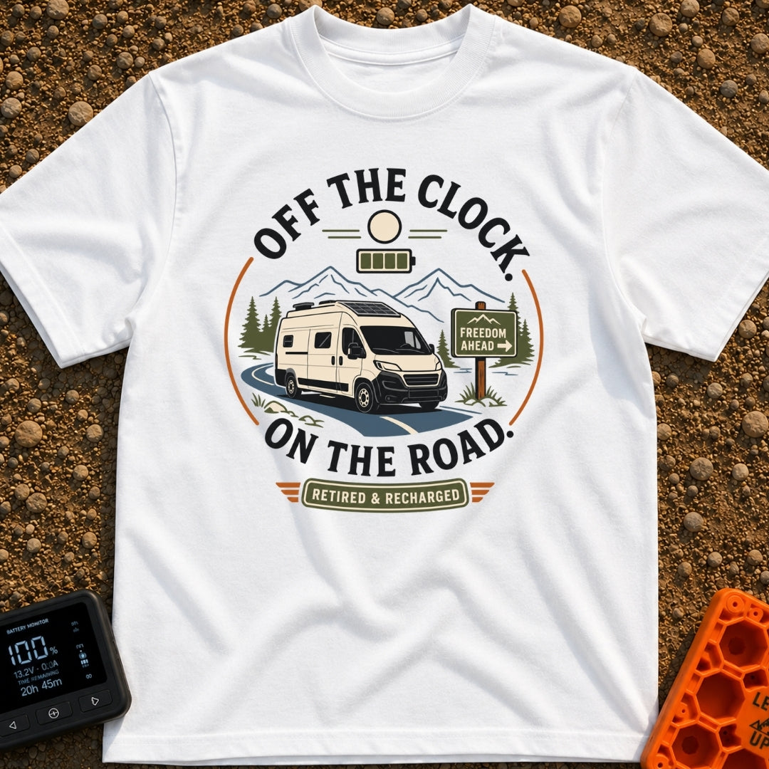 Off The Clock - T-Shirt in White - A circular graphic featuring a white camper van with solar panels driving along a...