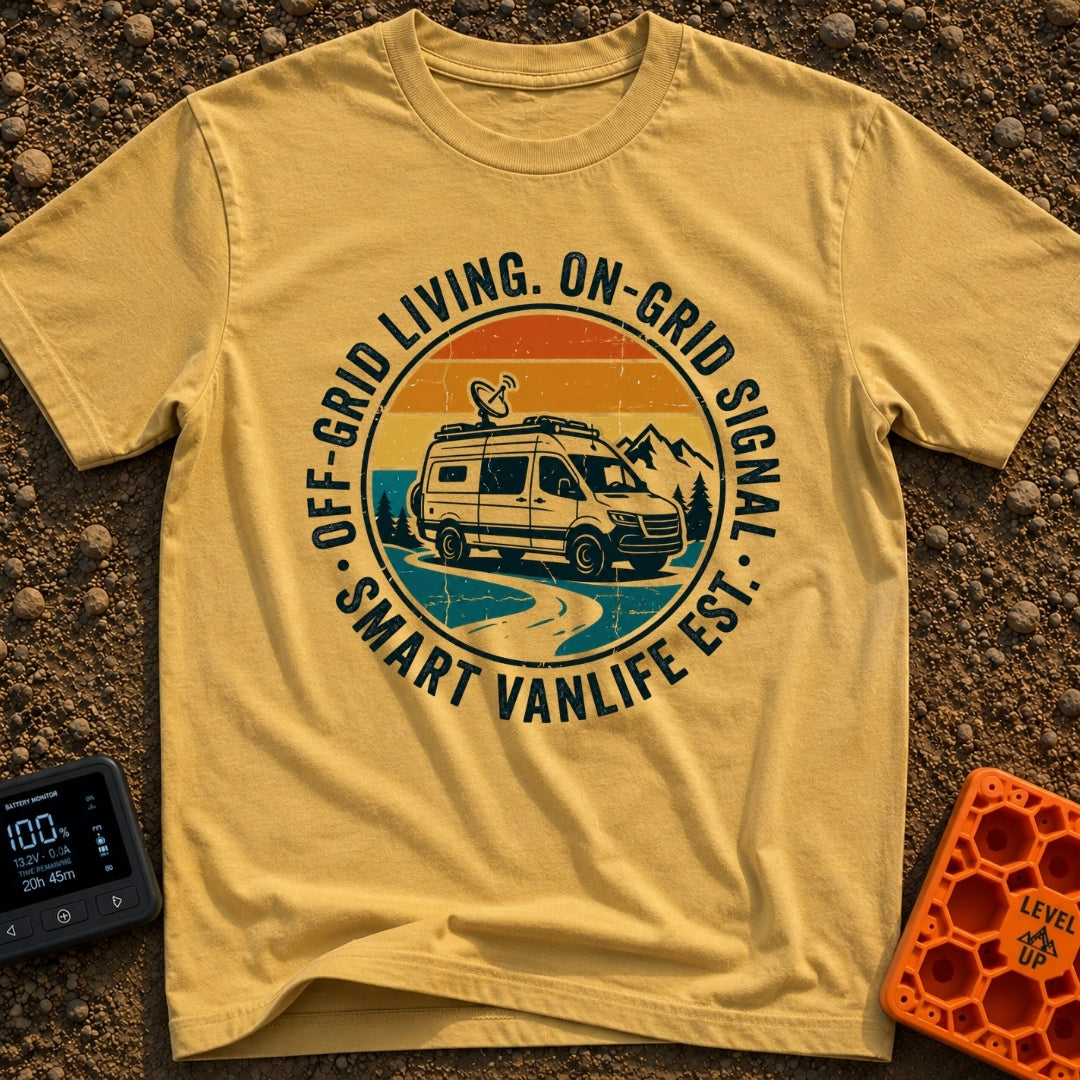 Signal On Wheels - T-Shirt in Mustard - A circular badge design featuring a white camper van with a large satellite dish...