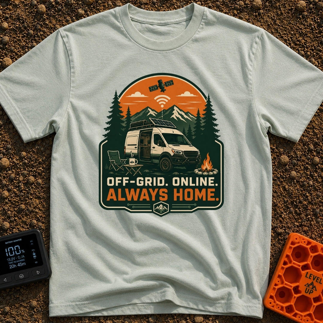 Always Home Offline - T-Shirt in Bay - A camper van with a roof-mounted solar panel parked in a forest with mountains in...