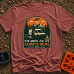 Always Home Offline - T-Shirt in Brick - A camper van with a roof-mounted solar panel parked in a forest with mountains...