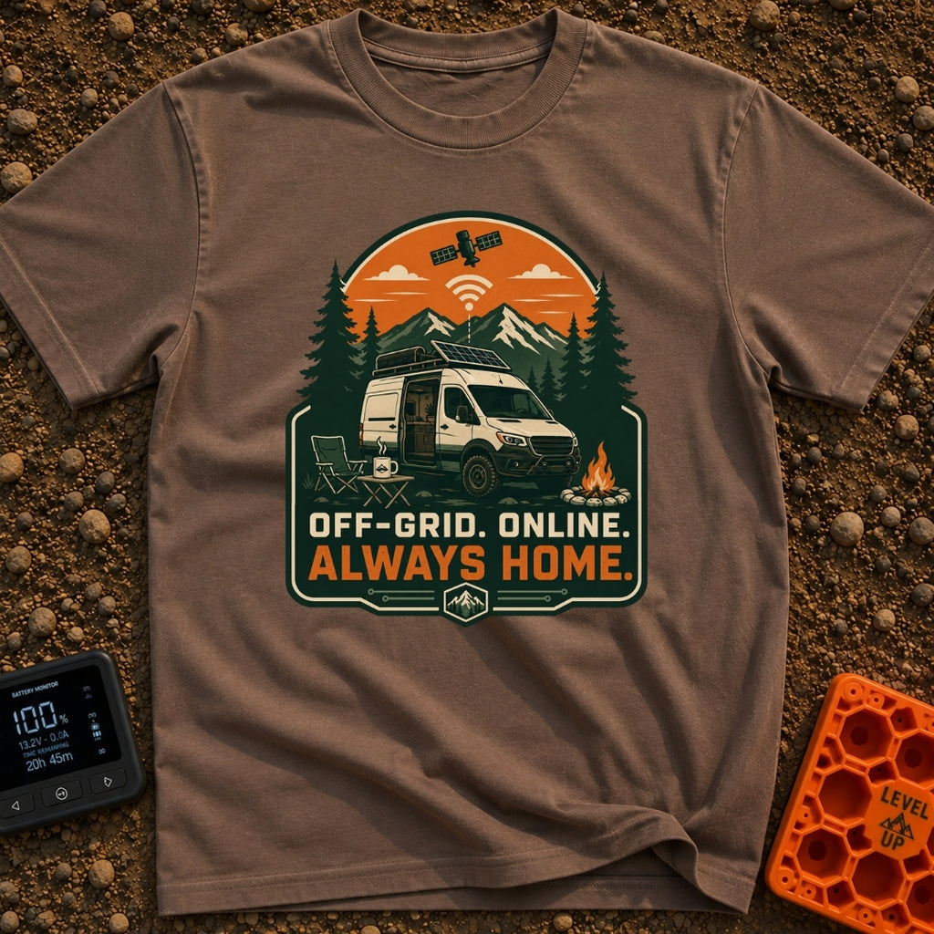 Always Home Offline - T-Shirt in Espresso - A camper van with a roof-mounted solar panel parked in a forest with...