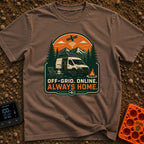 Always Home Offline - T-Shirt in Espresso - A camper van with a roof-mounted solar panel parked in a forest with...