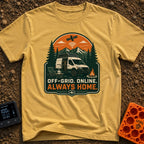 Always Home Offline - T-Shirt in Mustard - A camper van with a roof-mounted solar panel parked in a forest with mountains...