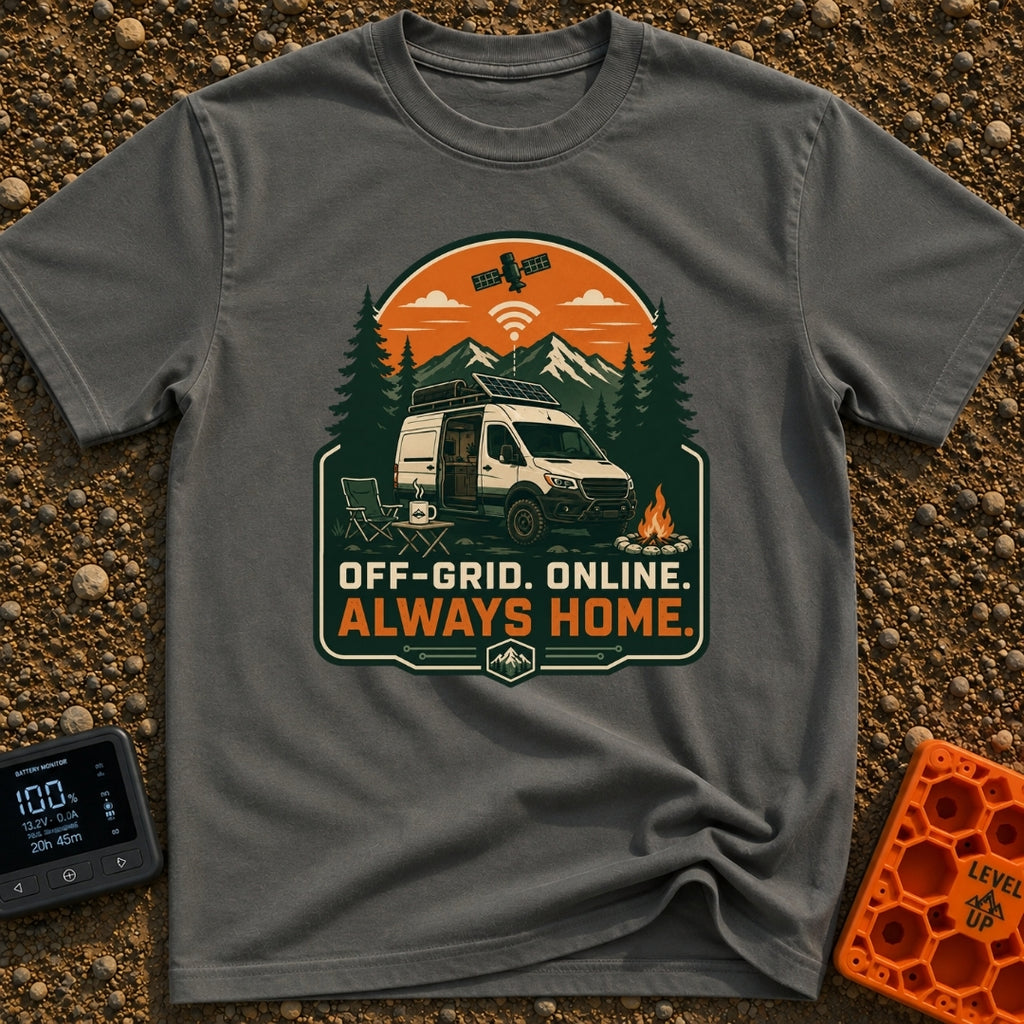 Always Home Offline - T-Shirt in Pepper - A camper van with a roof-mounted solar panel parked in a forest with mountains...