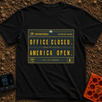 Office Closed Road Open - T-Shirt in Black - A digital illustration of a mechanical split-flap departure board with...