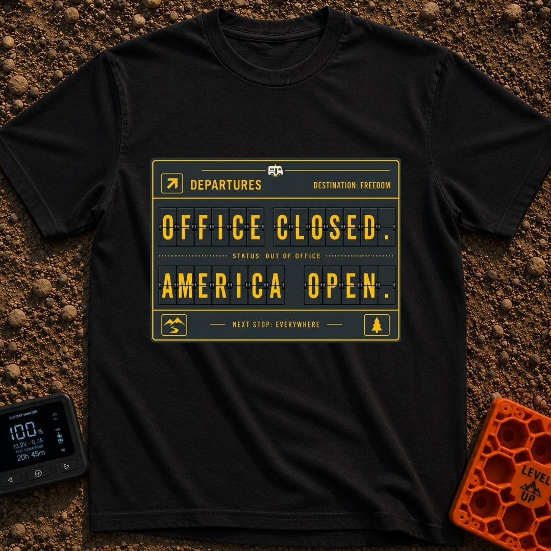 Office Closed Road Open - T-Shirt in Black - A digital illustration of a mechanical split-flap departure board with...
