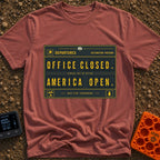 Office Closed Road Open - T-Shirt in Brick - A digital illustration of a mechanical split-flap departure board with...