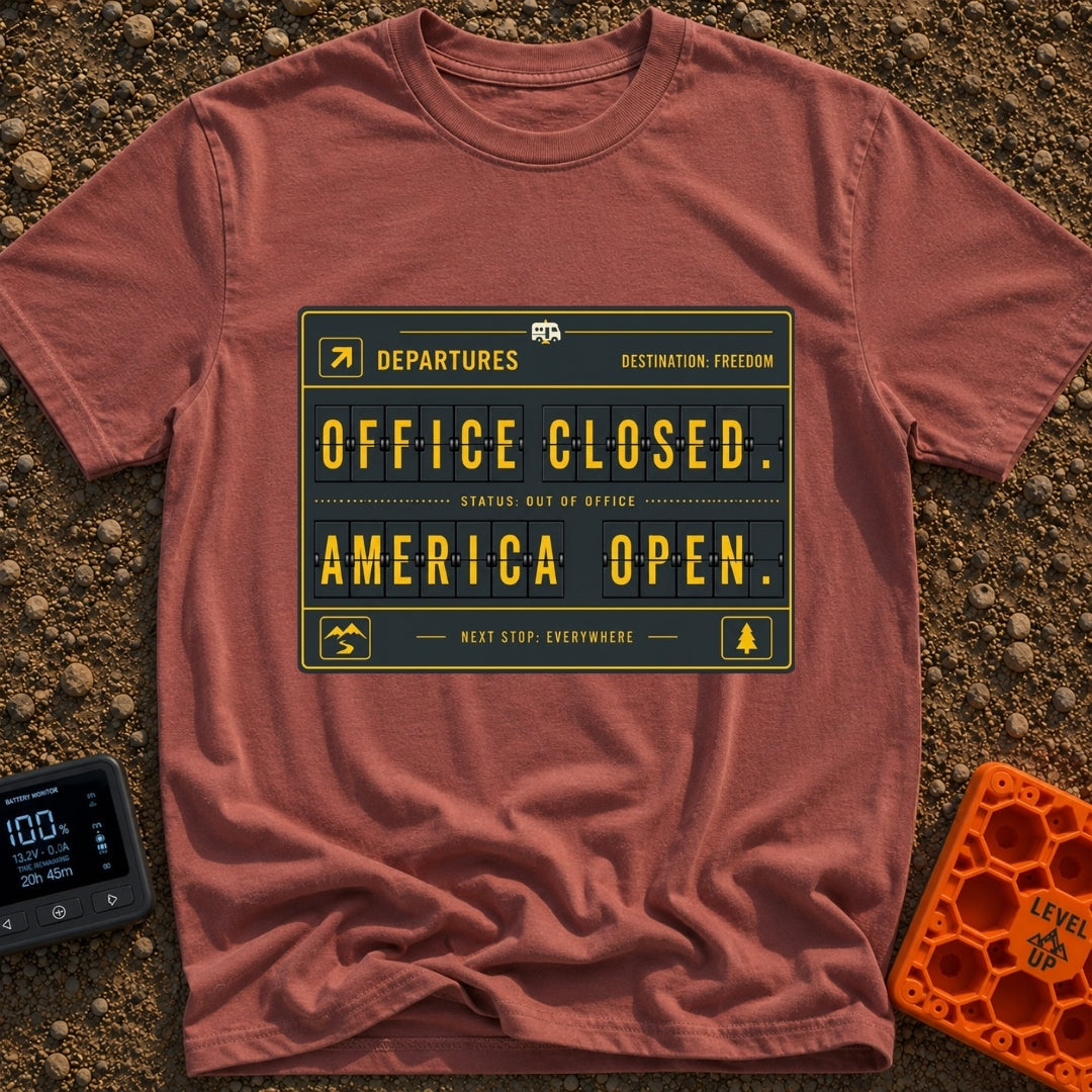 Office Closed Road Open - T-Shirt in Brick - A digital illustration of a mechanical split-flap departure board with...
